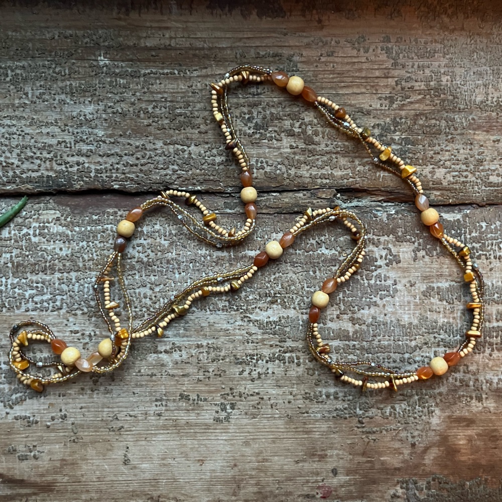 Vintage Yellow Brown Long Bead Necklace